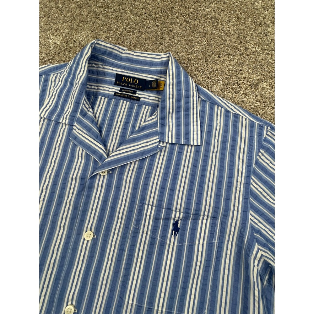 Polo Ralph Lauren Mens L Blue White Seersucker Stripe Short Sleeve Shirt #0773